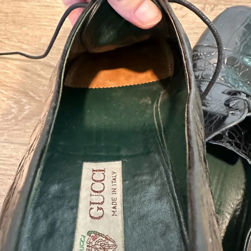 Vintage Gucci Black Alligator Leather Lace Up Derby Dress Shoes Mens Size 10